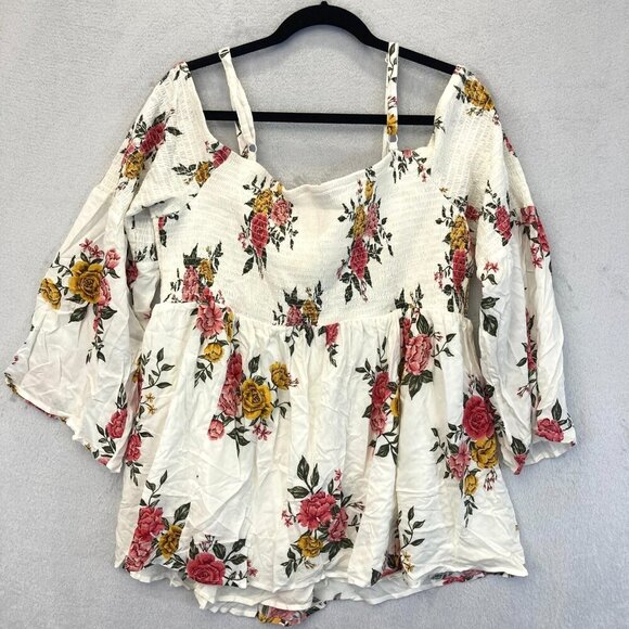 Torrid Size 3 Smocked Floral Off the Shoulder Top 3X Colorful 3/4 Sleeve Boho - Picture 2 of 10